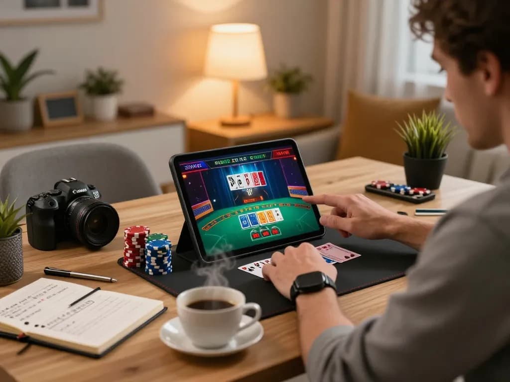 Engaged player experiencing Fly88 online blackjack gameplay on a tablet in a cozy home office setting.