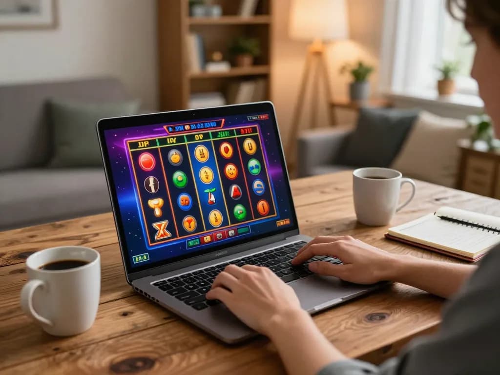 Engaging gameplay on O8 online casino showcased on a laptop at home, with vibrant slots and betting notes.
