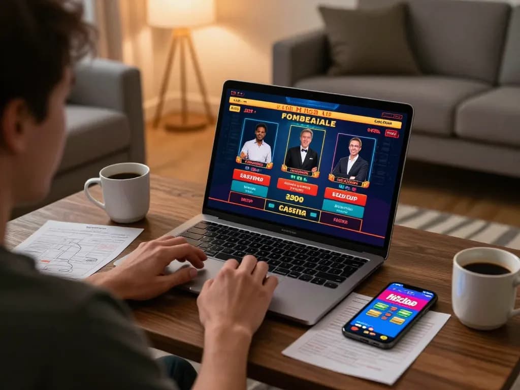 Person enjoying a live dealer game with hitclub app on laptop, surrounded by strategy notes in a cozy environment.