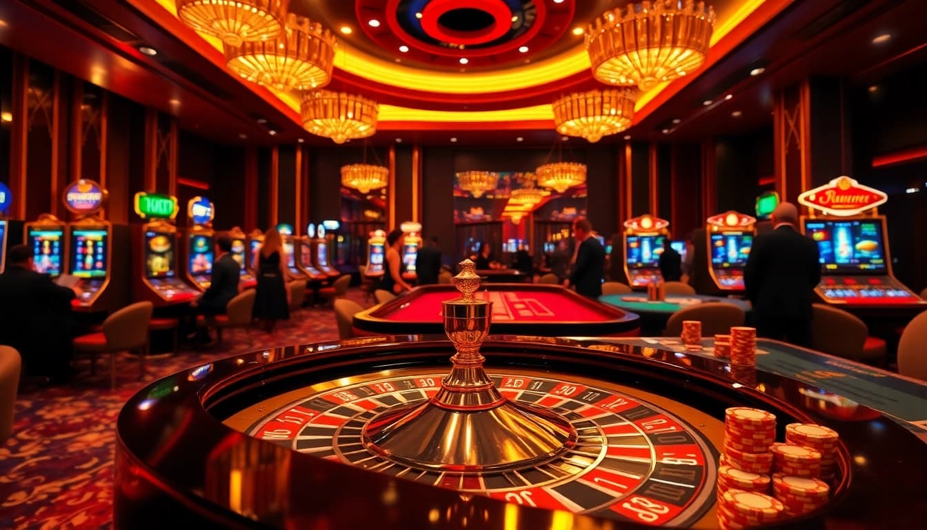Experience the thrill of 69vn with a luxurious casino gaming scene showcasing roulette and vibrant slot machines.