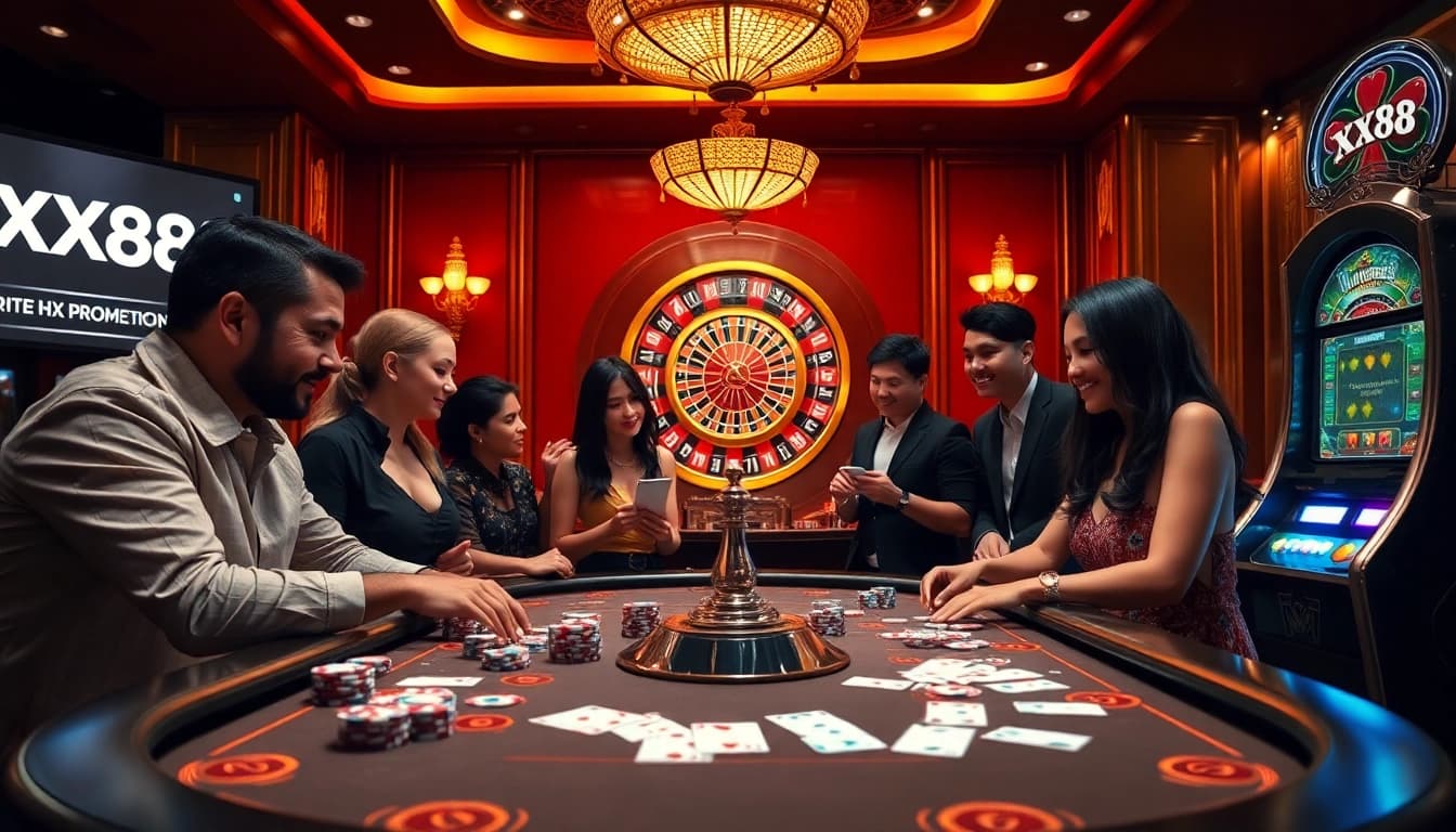 Players enjoying a thrilling game at XX88's luxurious casino table.