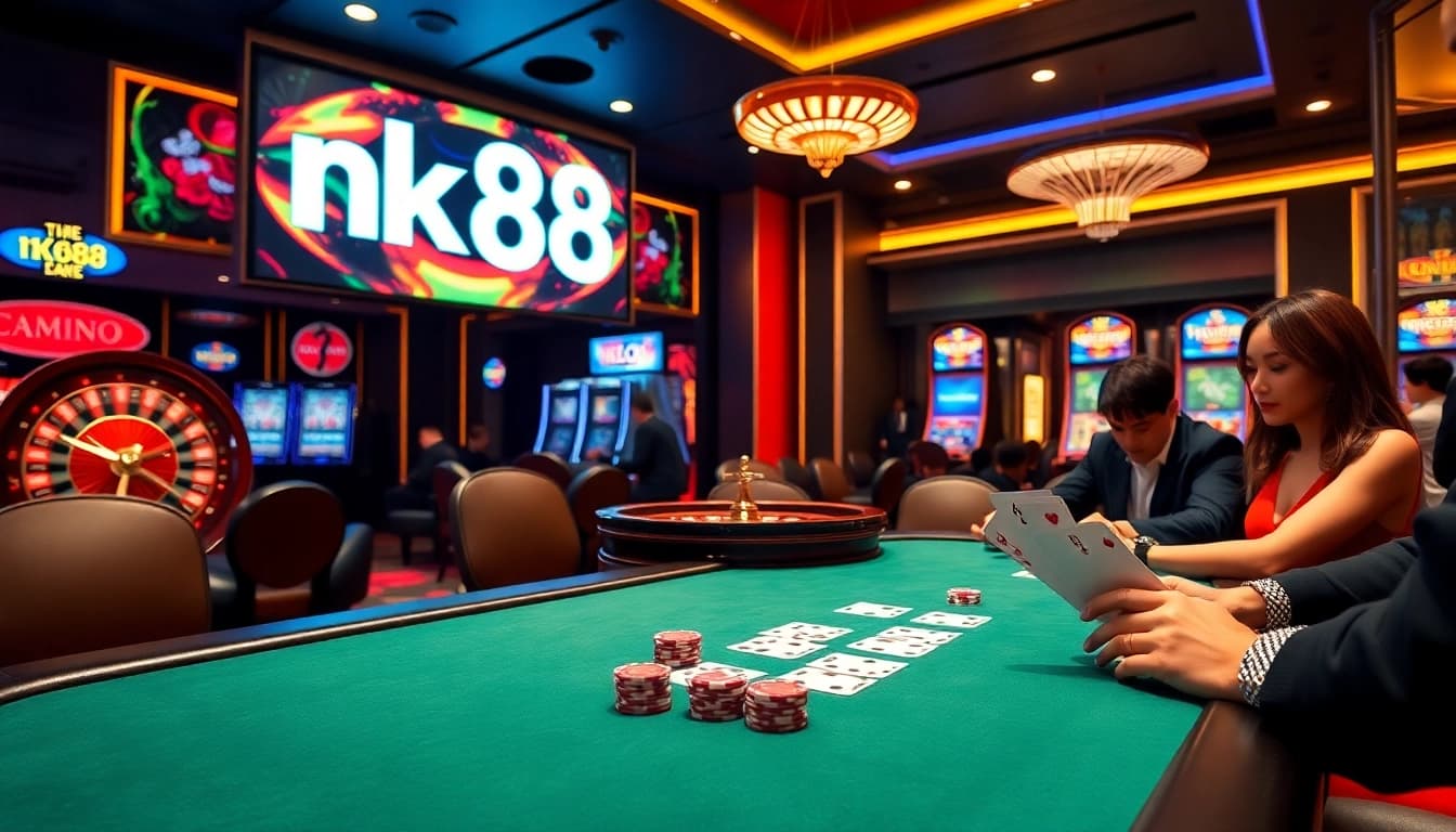 Experience the thrill of gambling with nk88 at an elegant casino table featuring poker and roulette.