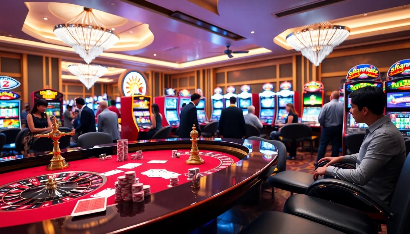 An inviting online casino scene showcasing players enjoying games at open88.ninja, featuring roulette, poker chips, and slot machines.