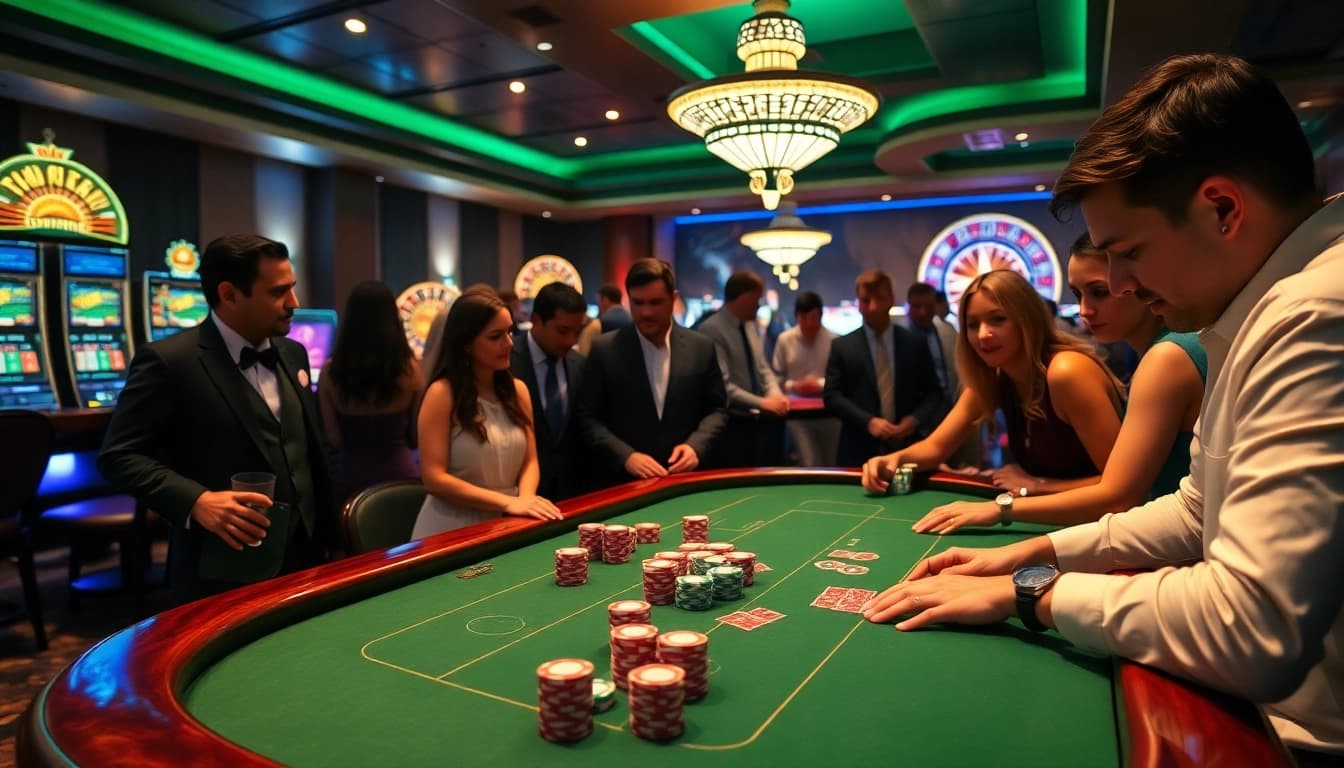 Experience an exciting poker game at rikvip with vibrant casino ambiance and elegant players.