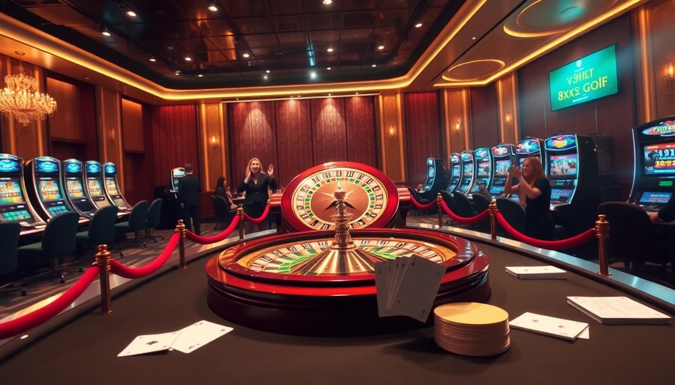 Exciting gaming scene at https://8xx.golf/ with vibrant roulette wheel and lively players.