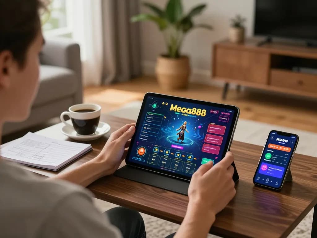 Mega888 original download iOS showcased on tablet during an engaging home gaming session.