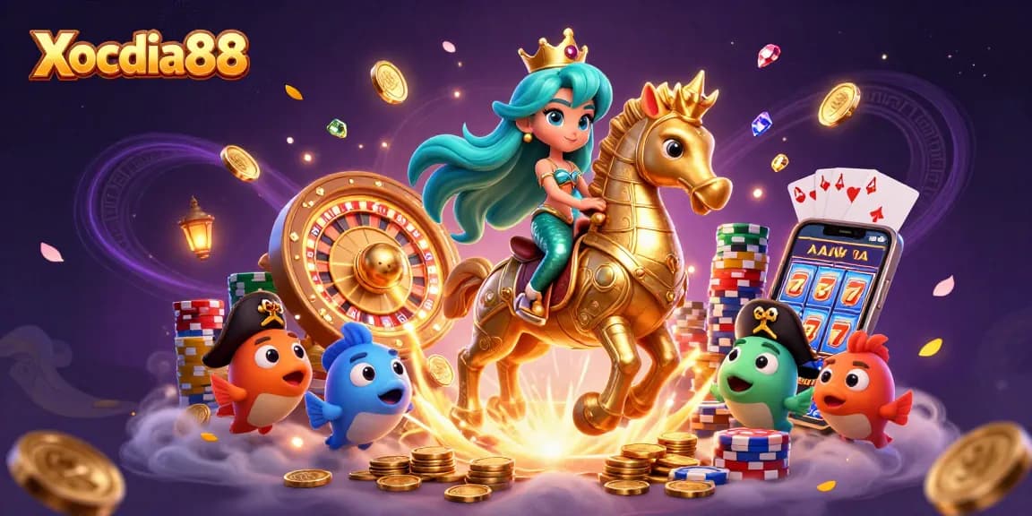 Xocdia88 captivates players with a vibrant 3D scene featuring a magical mermaid, seahorse, and casino elements.