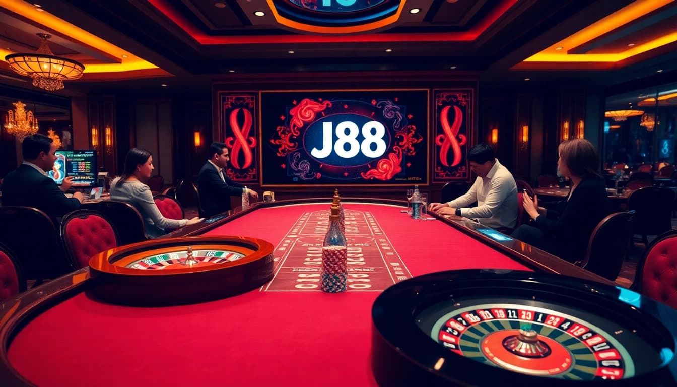 Exciting gaming action at J88 casino with vibrant roulette and poker engagement.