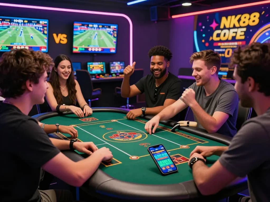 Exciting NK88 online gambling atmosphere with friends enjoying digital casino games.