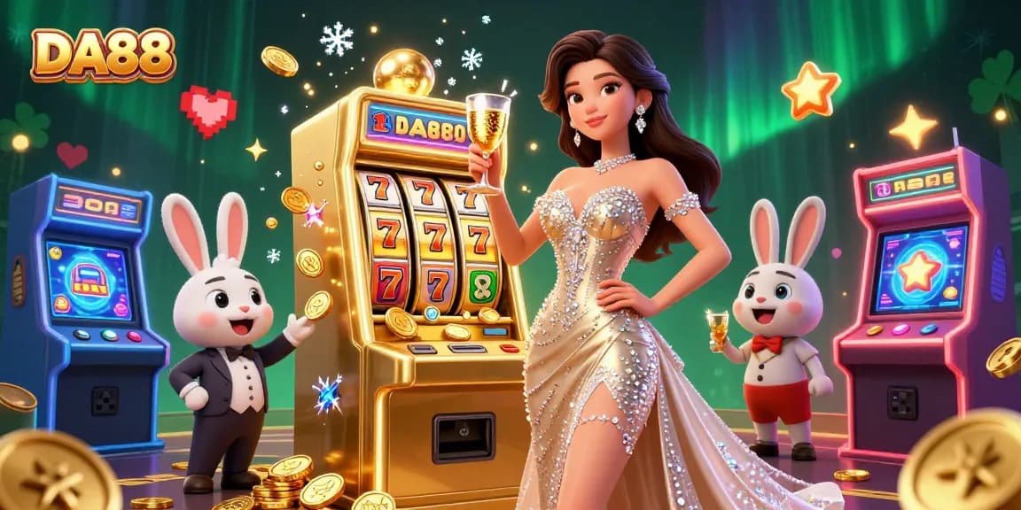 Experience thrilling wins at DA88 with a glamorous woman beside a jackpot slot machine bursting with coins.