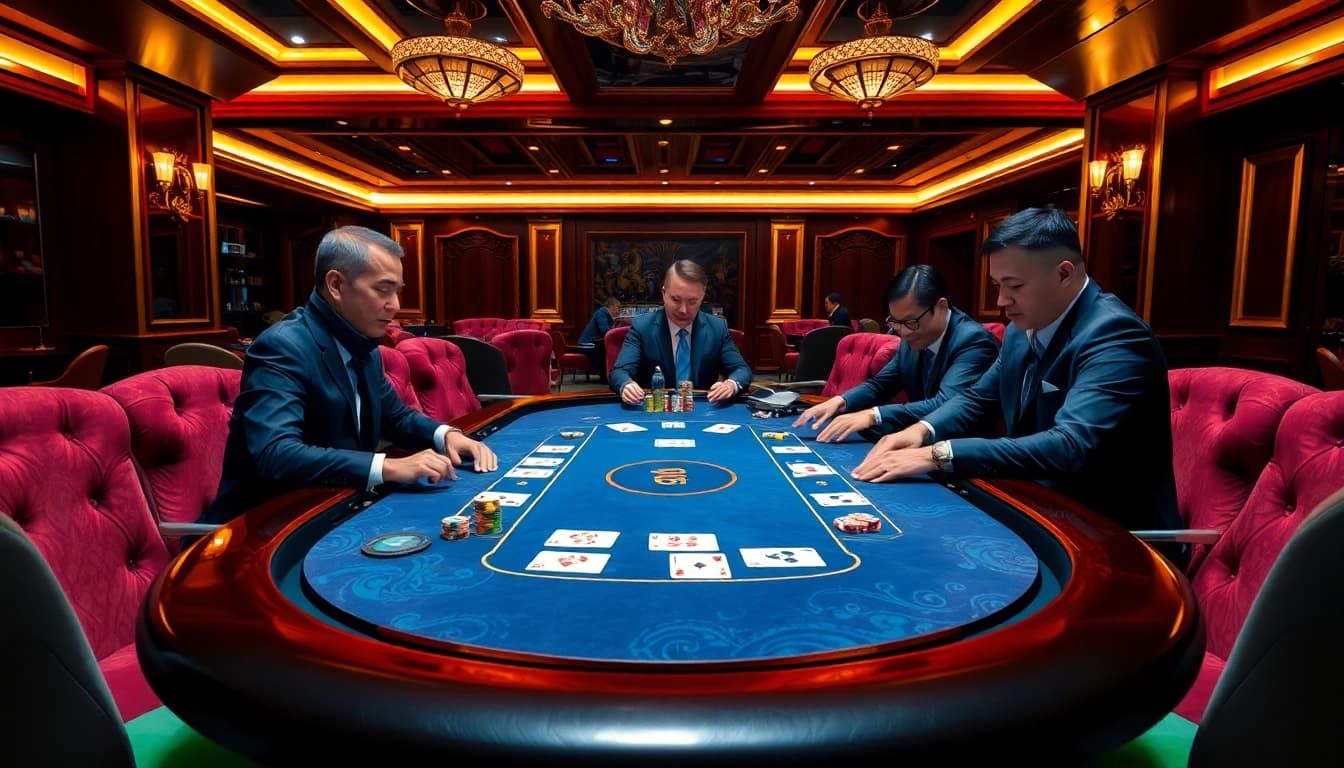 Players at the zo88 poker table strategizing their next move amidst a luxurious casino setting.
