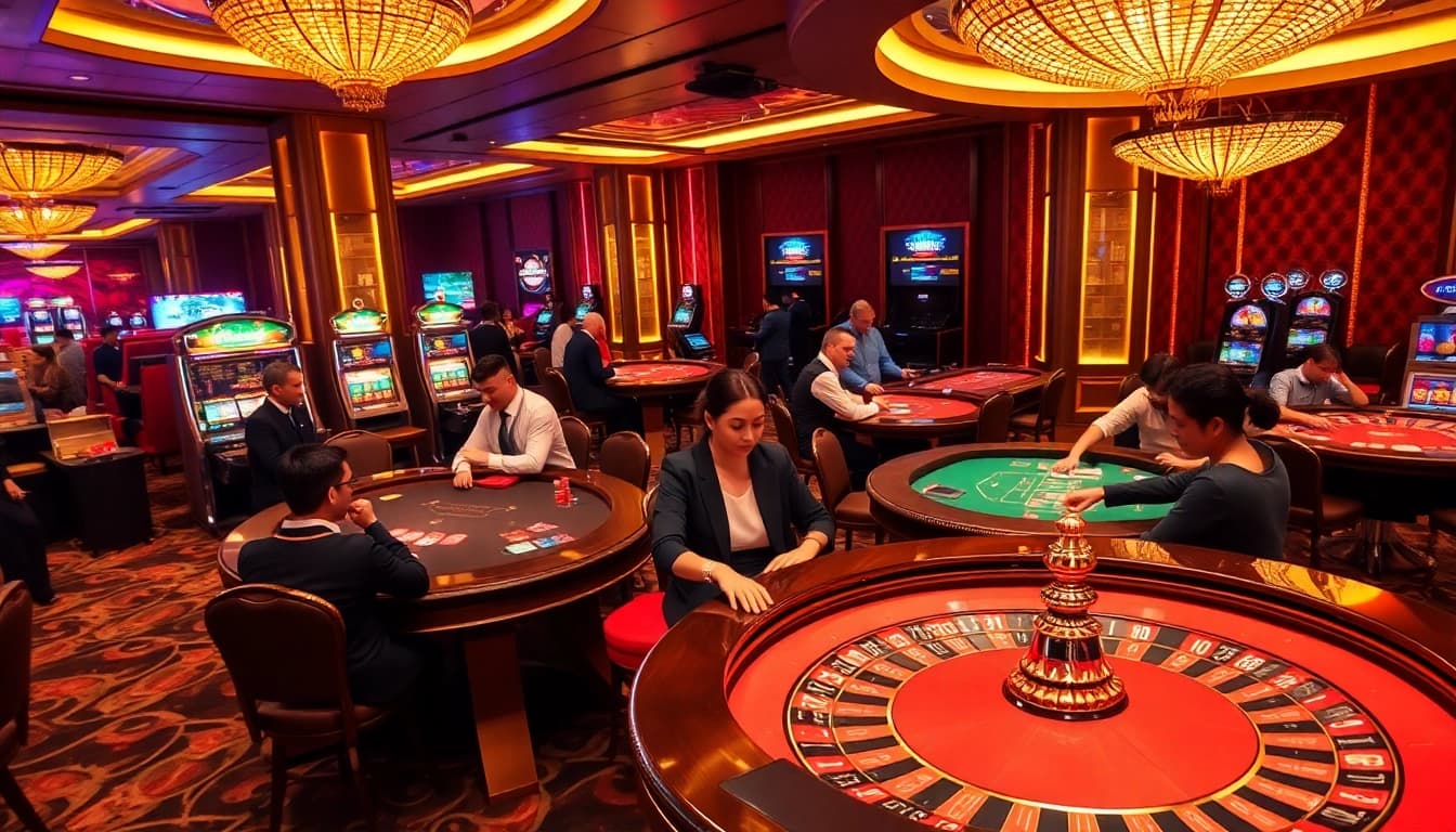Experience the excitement at 68VIP casino tables with diverse players engaged in thrilling games.