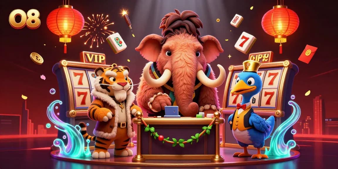 Experience O8's casino excitement through vibrant 3D art depicting engaging gaming characters and slots.