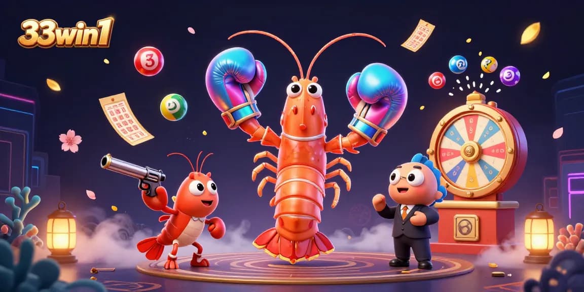 Engage with 33win1's vibrant gaming scene featuring dynamic lottery elements and happy characters.