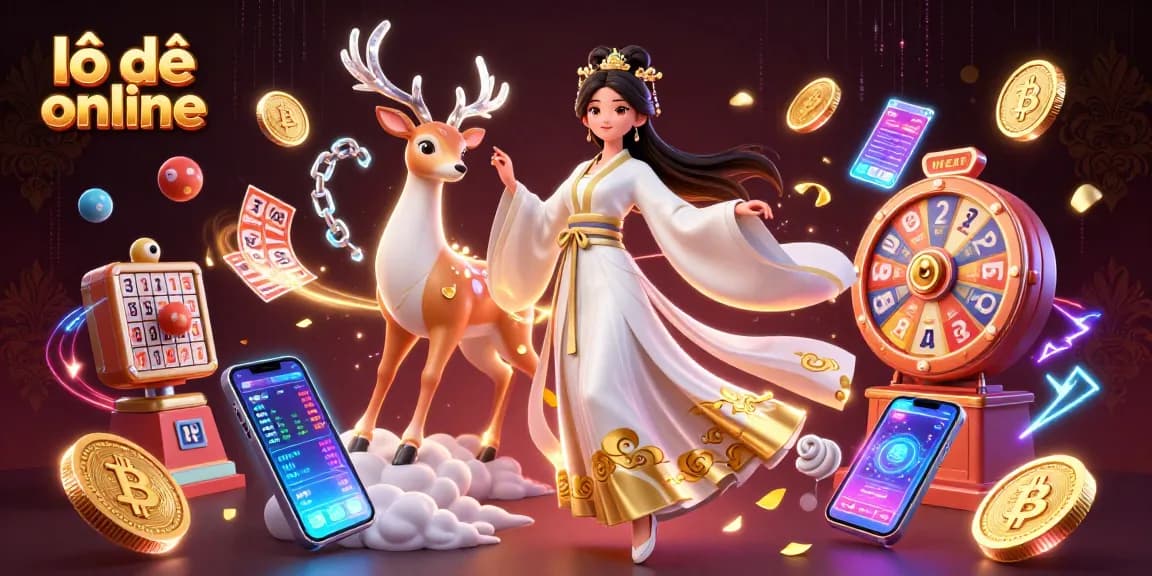 Play lô đề online and win big with stunning 3D illustration of a celestial deer and gamer in traditional attire.