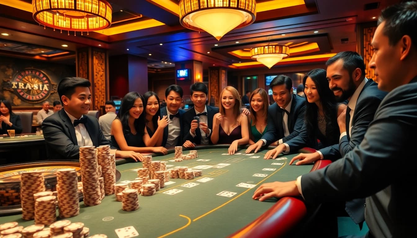 Gamblers strategize at a vibrant casino table, embracing the thrill of nohu gameplay.