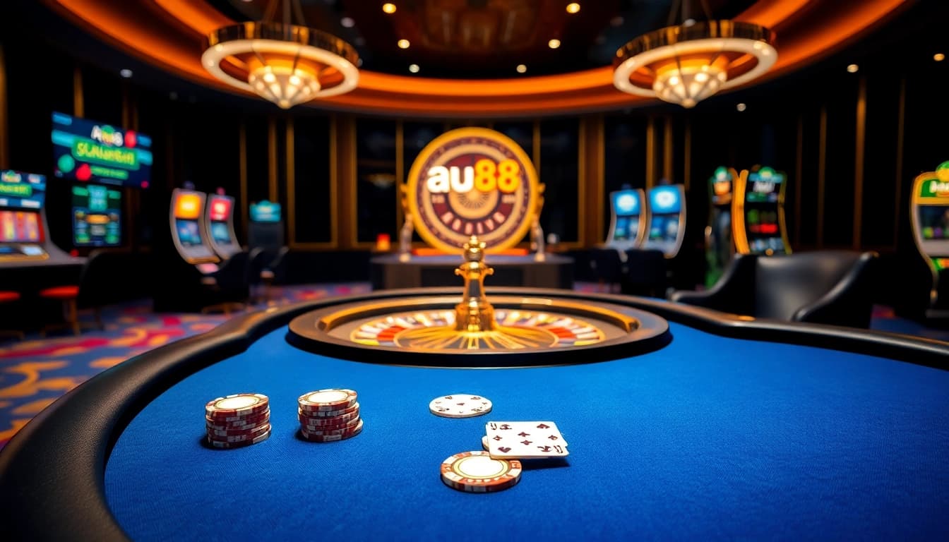 Players engaging with the glamorous au88 online casino, featuring vibrant slot machines and dynamic blackjack tables.
