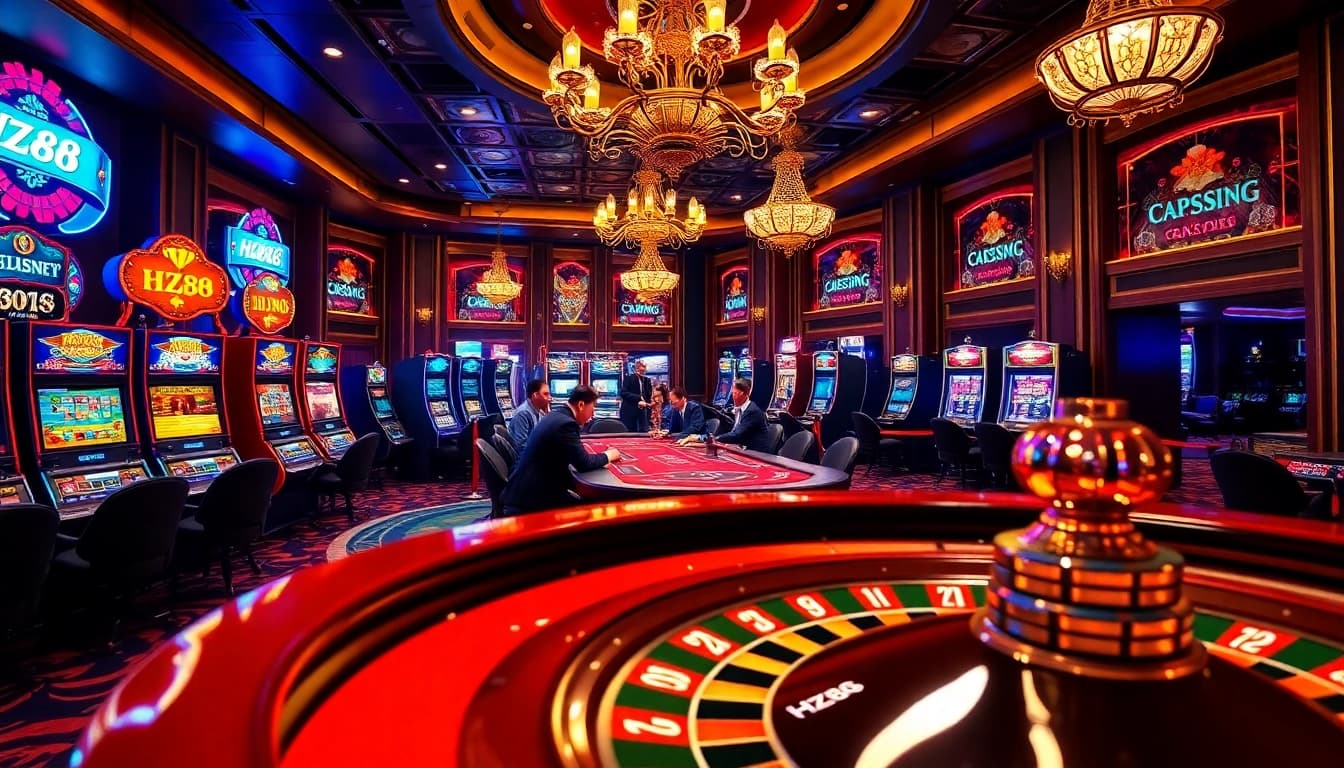 Play poker at HZ88's luxurious casino, featuring colorful slot machines and attentive dealers.