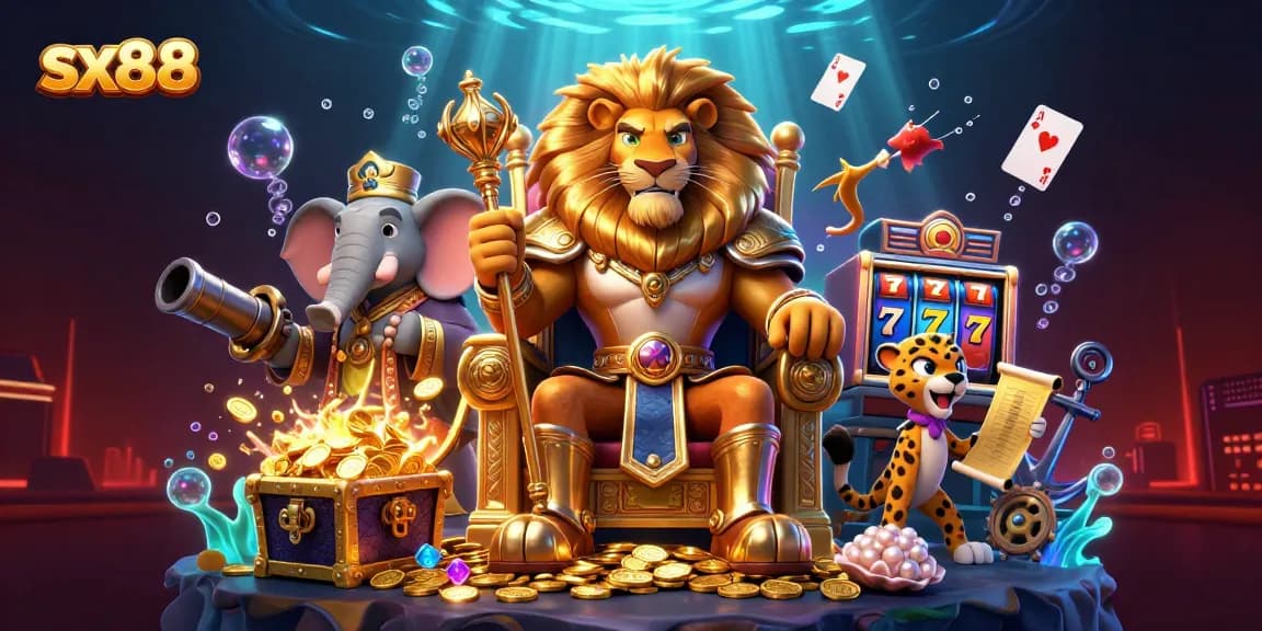 SX88 vibrant casino illustration with a fierce lion king and lively gaming elements.