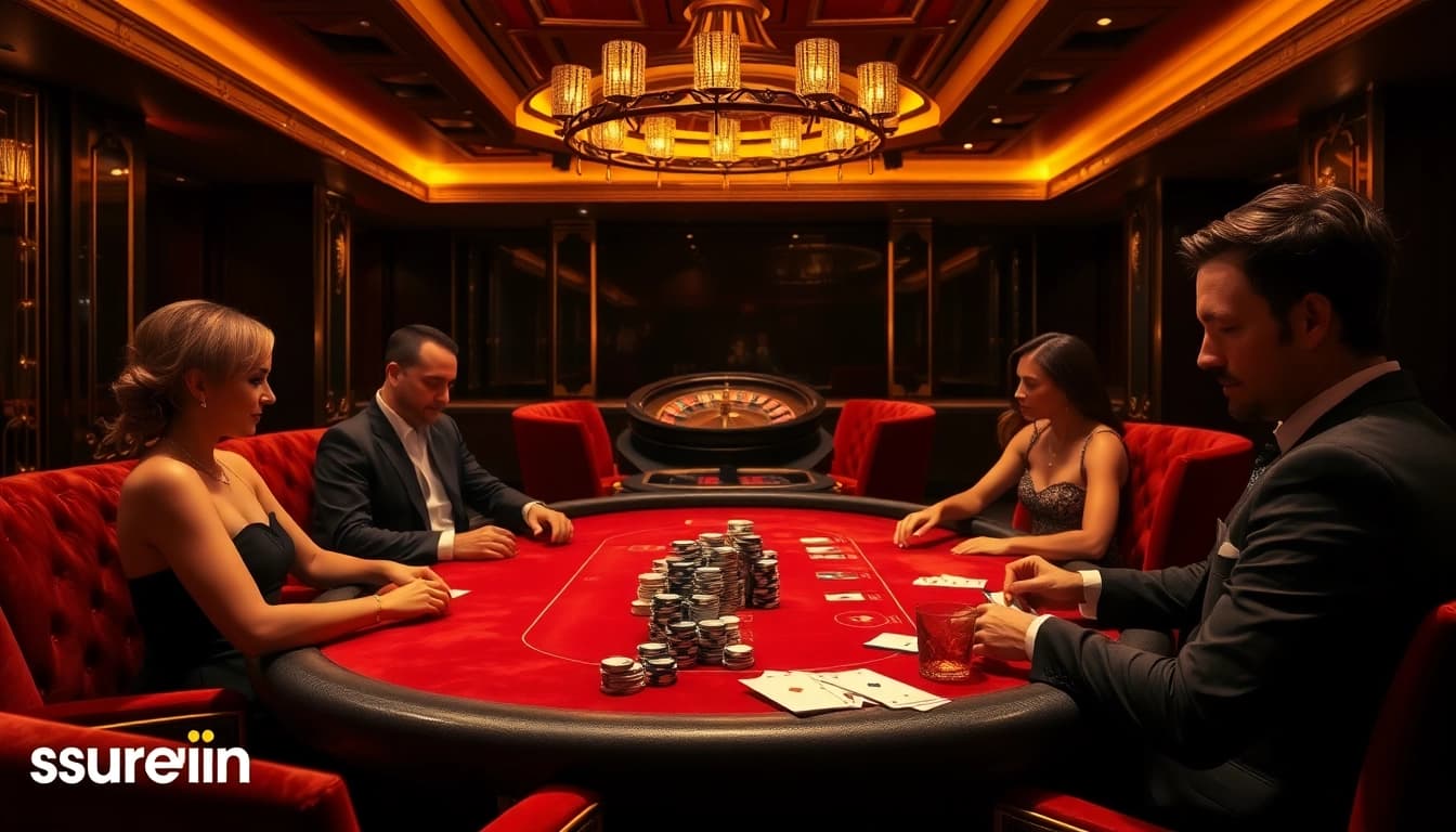 Exciting poker action at a luxury casino showcasing surewin branding.