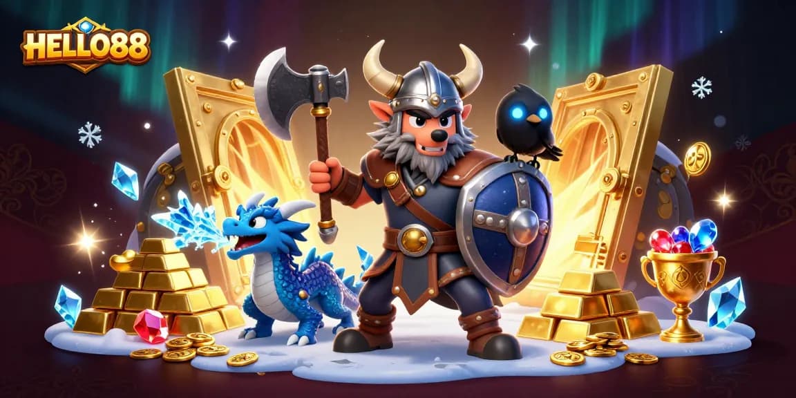 Experience enchanting gameplay at HELLO88 with dynamic Viking and dragon theme in a festive casino setting.