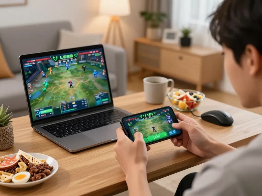 Engaged player using LC88 sports betting app on smartphone in a cozy home gaming setup.
