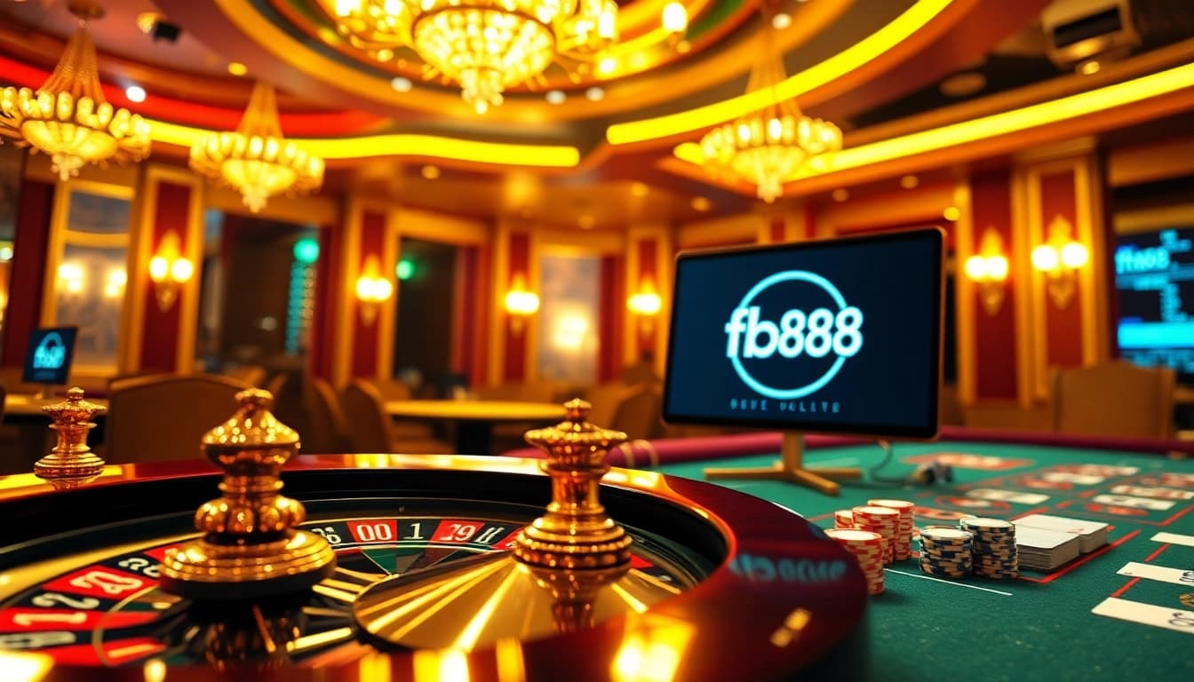 Experience excitement at fb88 with a vibrant casino scene showcasing poker, roulette, and online gambling.