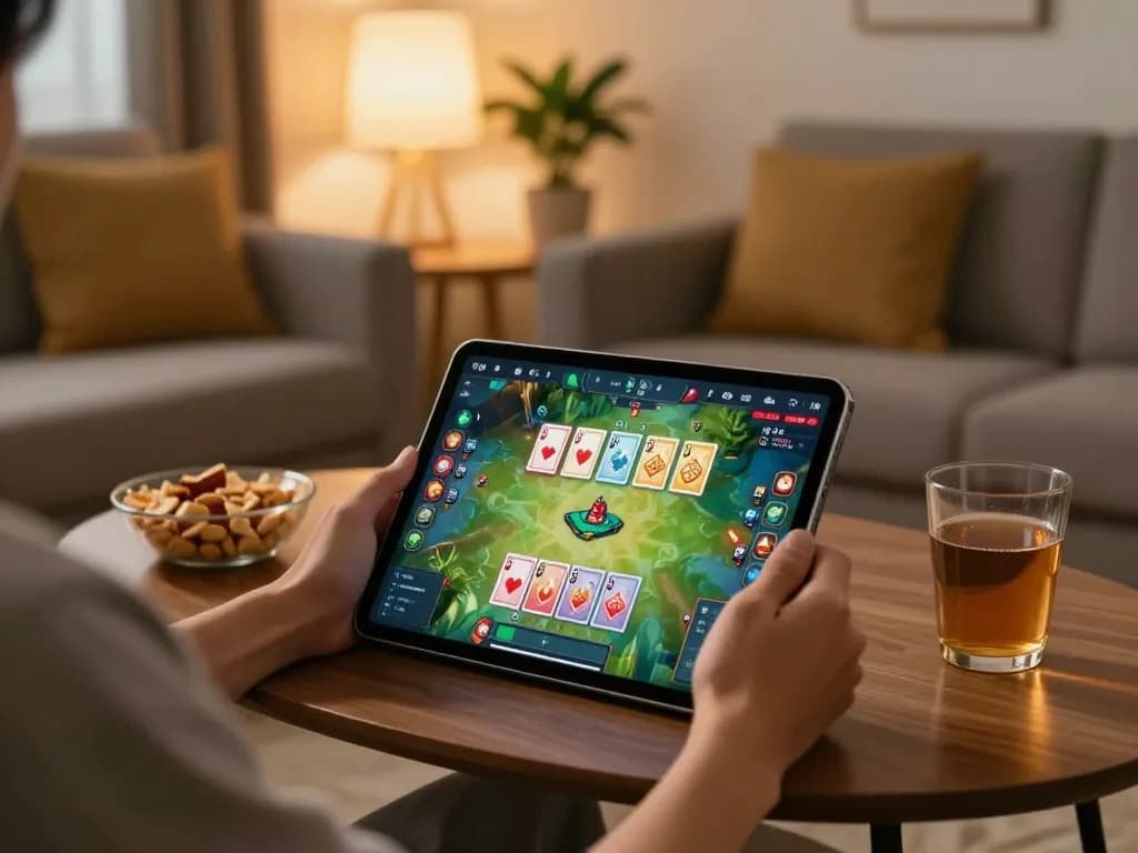 Person engaging in game bài on tablet in cozy living room, showcasing online gambling entertainment.