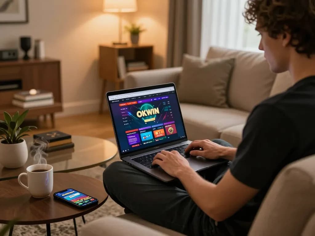 Engaged player enjoying online casino gaming on OKWIN platform in a cozy home setting.