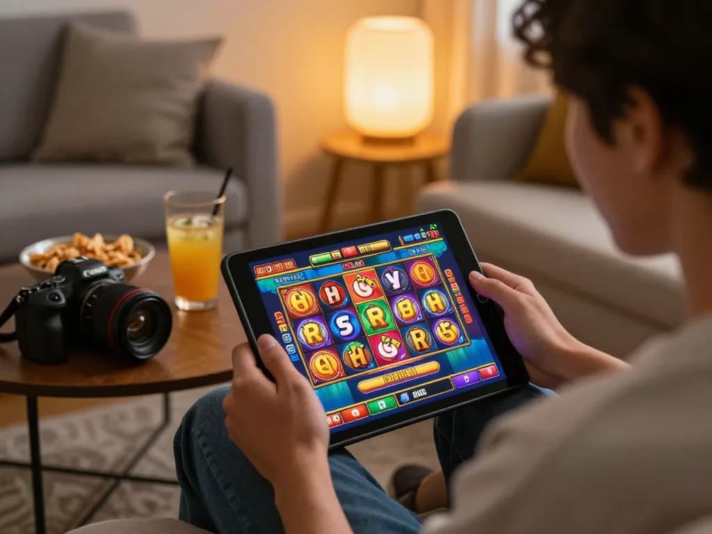 Player enjoying nổ hũ slot game on tablet in cozy home setting with snacks