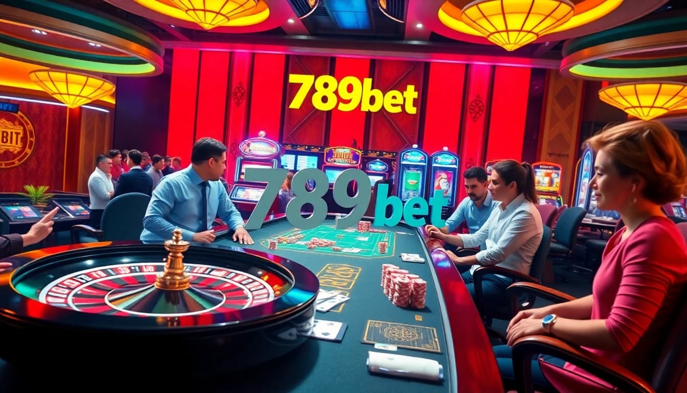 Exciting scene of players wagering at a vibrant 789bet casino with roulette and poker tables.