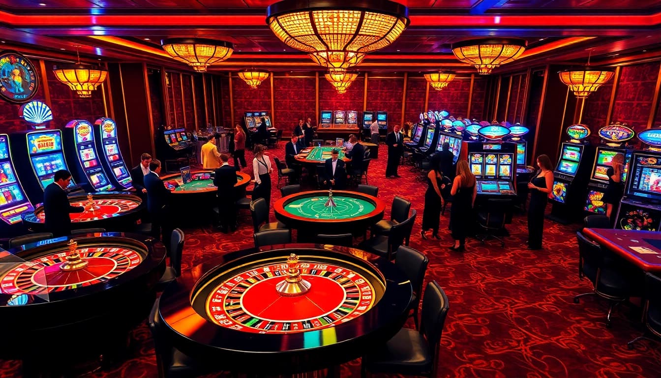 Gamblers celebrating wins at https://lucky88da.com/ on an upscale casino floor featuring roulette tables and vibrant slot machines.