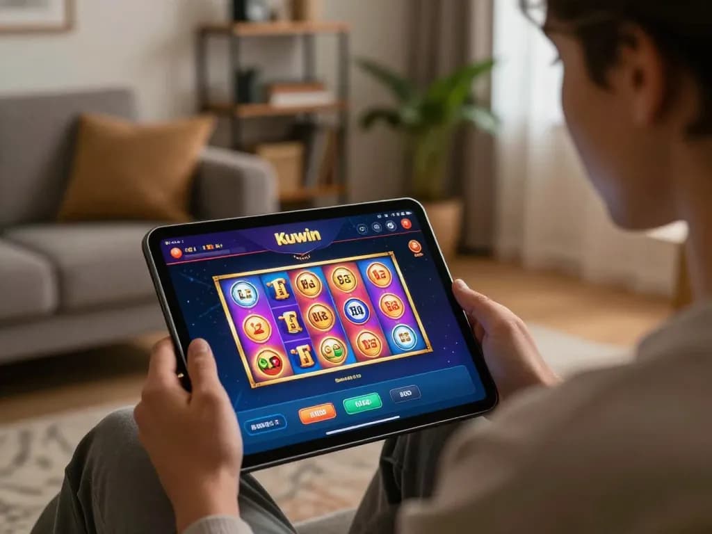 Kuwin user enjoying online casino gaming on a tablet in a cozy living room setting