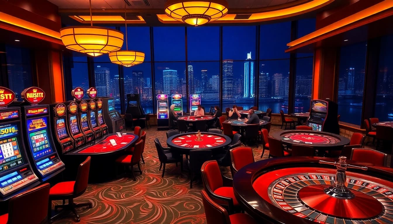Experience the excitement of hz88 in a luxurious casino setting with vibrant slot machines and engaged players.