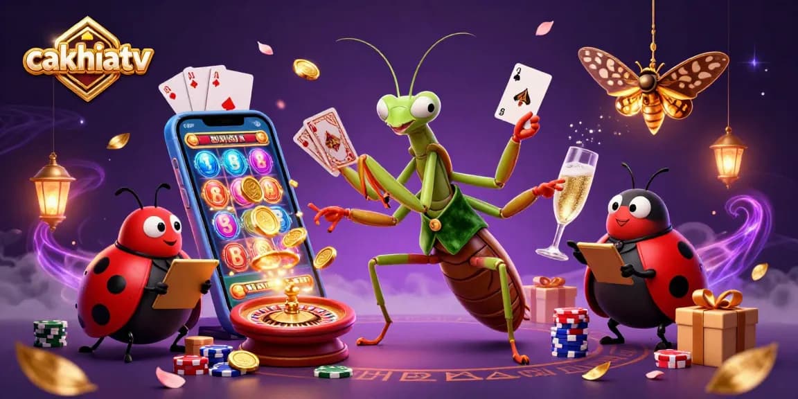 Cakhiatv features a vibrant 3D illustration of a card sharp and pit boss amidst gambling action.