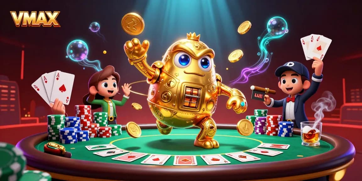 Win big at VMAX casino with our vibrant 3D golden golem and poker-themed illustration.