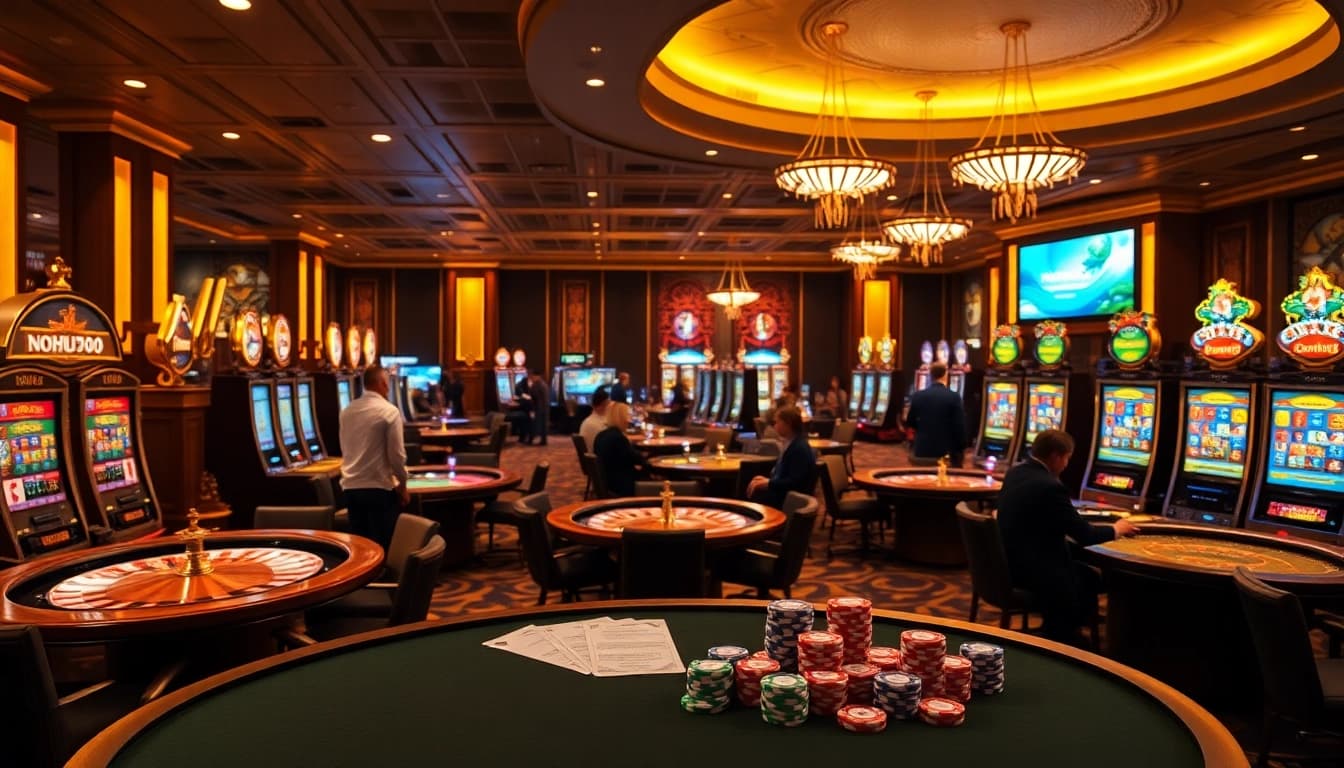 Nohu90 players engrossed in various casino games, highlighting excitement and luxury at the gambling hub.