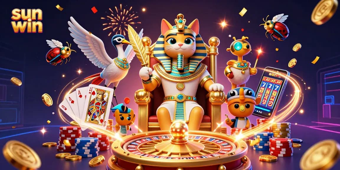 Experience thrilling wins at sun win with a vibrant 3D pharaoh cat and dynamic casino elements.