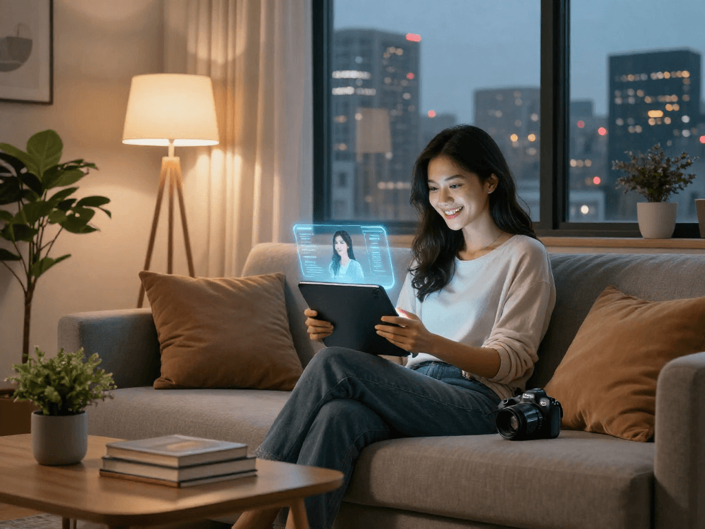 Young woman interacting with her AI girlfriend on a tablet in a modern apartment.