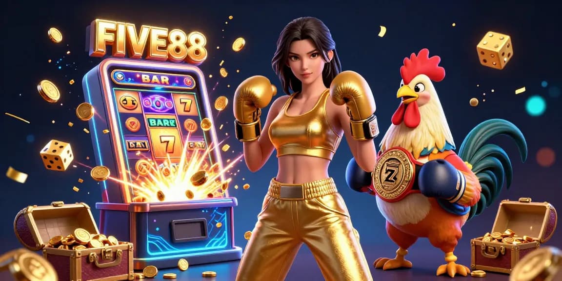 Experience the thrill of FIVE88 with a dynamic scene featuring vibrant casino elements and competitive characters.