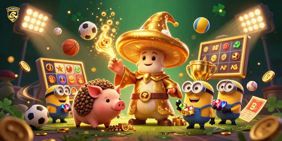 SUNWIN gameplay scene featuring a golden mushroom wizard, treasure, and dynamic sports elements in a vibrant casino setting.