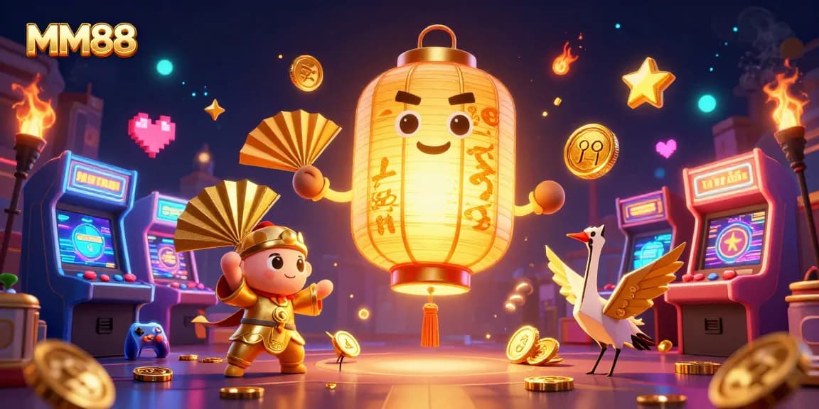 Engage with MM88's vibrant casino experience featuring a golden lantern spirit and arcade elements.