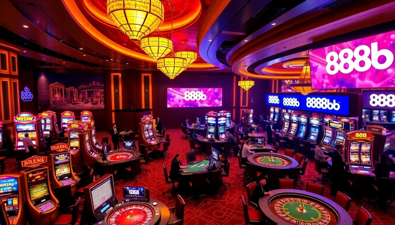 Experience the thrilling casino ambiance at 888b with vibrant tables and slot machines.