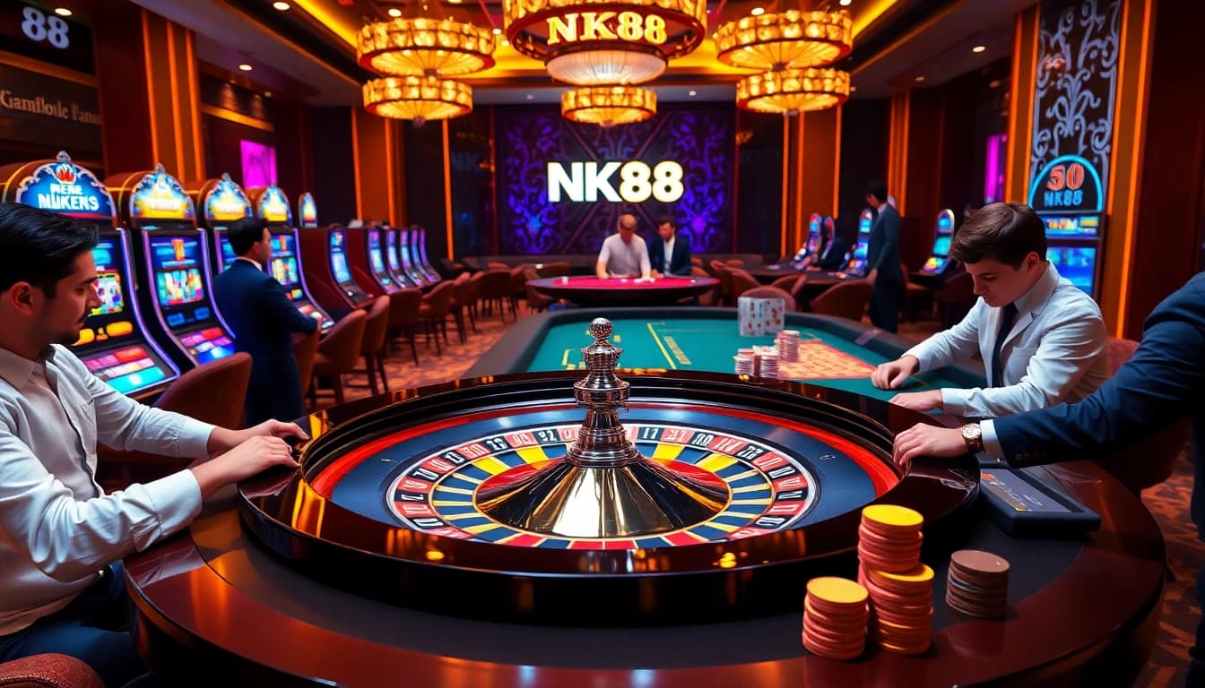 Experience the thrill of NK88 with a vibrant casino scene featuring roulette and poker games.