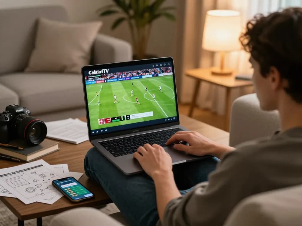 CakhiaTV live football match streaming setup on a cozy couch, enhancing viewer experience.