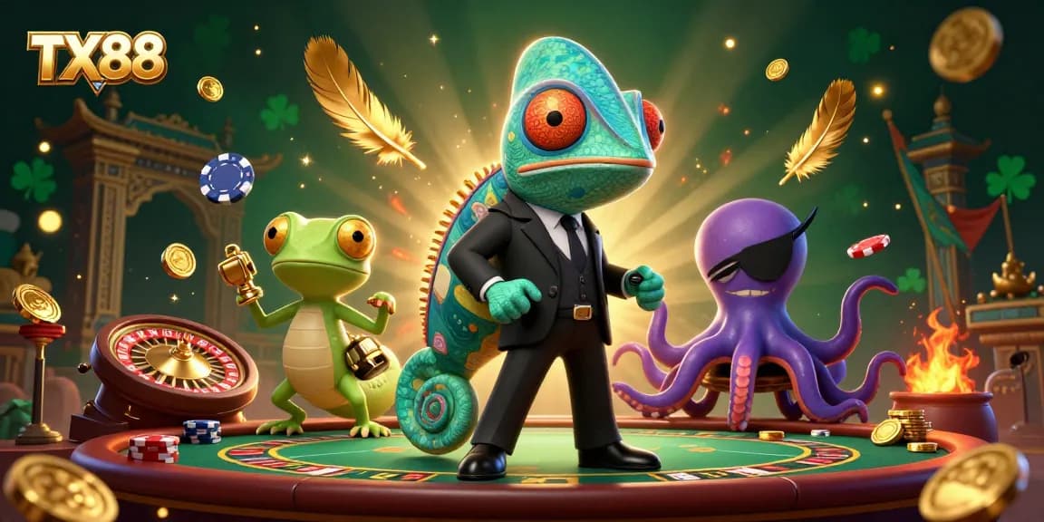 Experience TX88's thrilling gameplay with vibrant casino action featuring a secret agent chameleon.