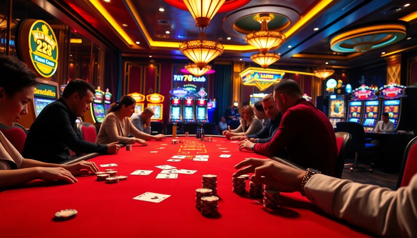 Gamblers enjoy immersive gameplay at 789club's luxurious casino tables with chips and cards.