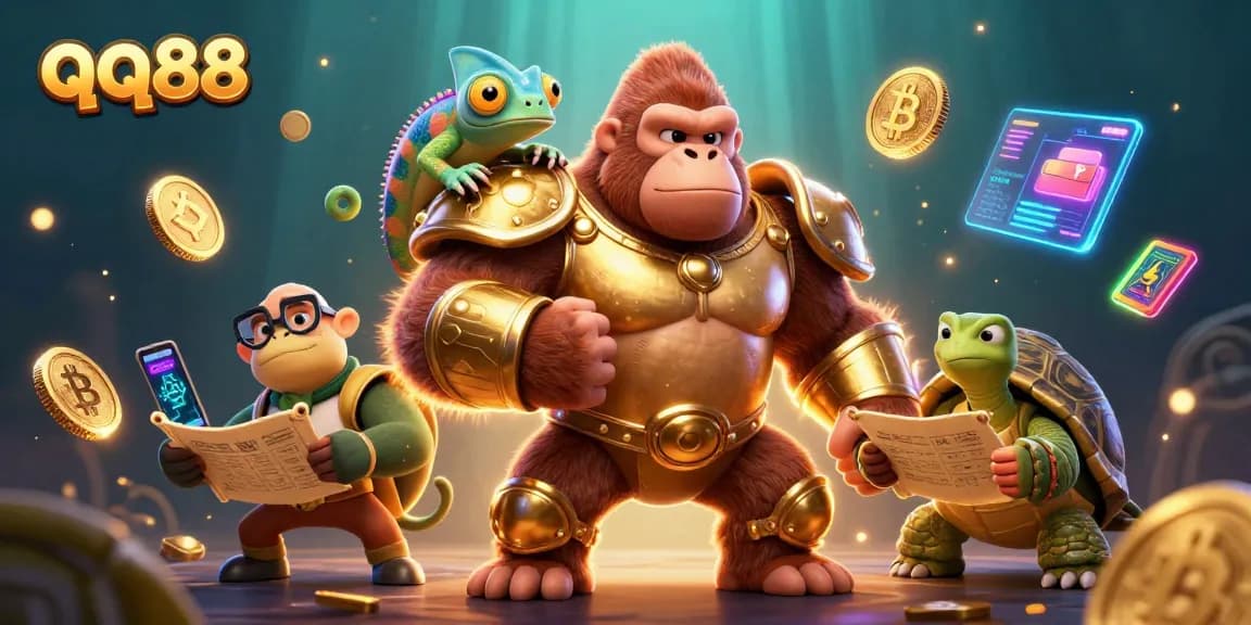 Engage with qq88's vibrant casino scene featuring a powerful gorilla king, chameleon spy, and tortoise elder.