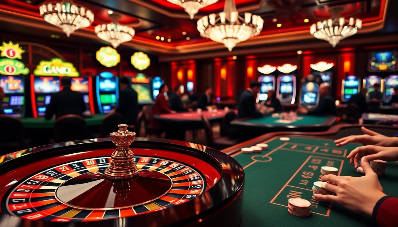A vibrant gambling scene showcasing a luxurious casino with players enjoying various games at a reputable nhà cái uy tín.