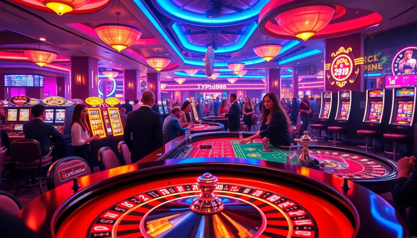 Experience winning strategies at Typhu88's thrilling casino environment, featuring roulette wheels and poker tables.